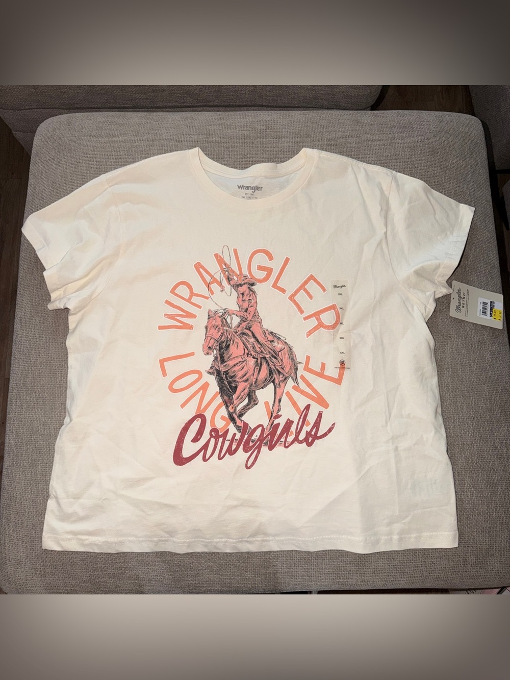 NWT, Wrangler Cream Short Sleeve Tee with Rust-Pink Cowgirl Graphic, 2XL